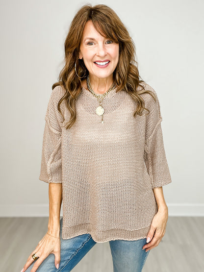 Half Sleeve Knit Boxy Sweater with Side Slits