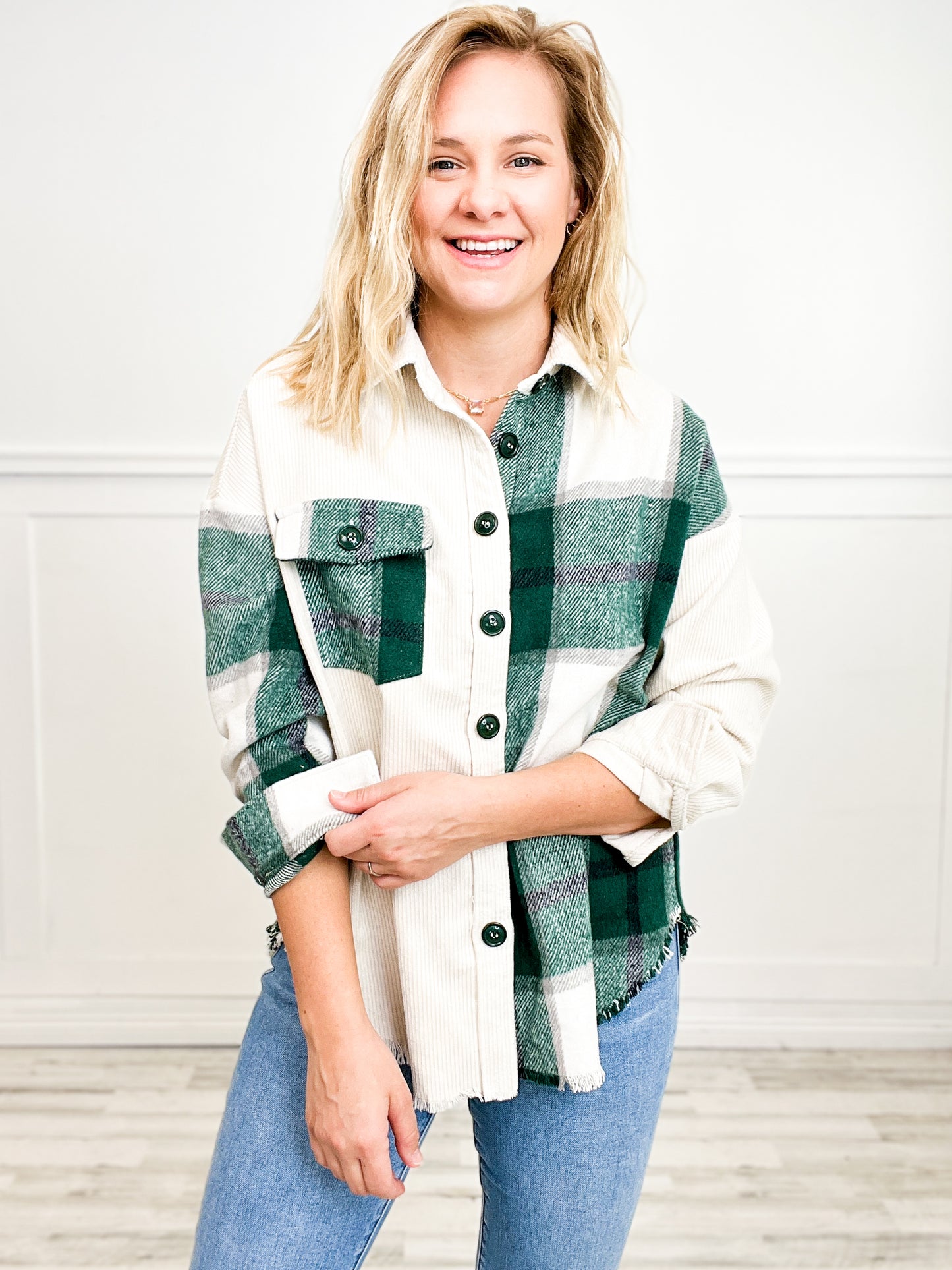 Plaid Contrast Long Sleeve Button Down Corduroy Shacket