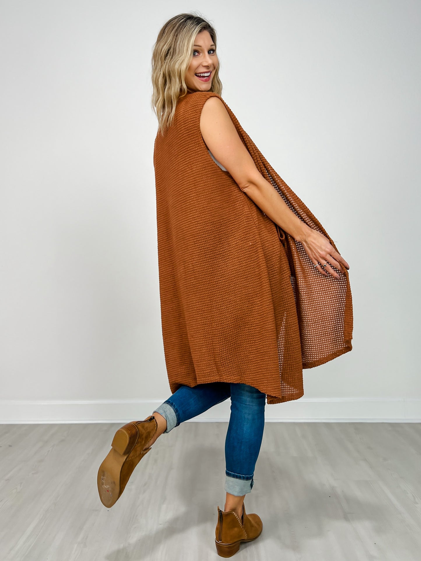 Open Front Crochet Midi Vest in CHESTNUT