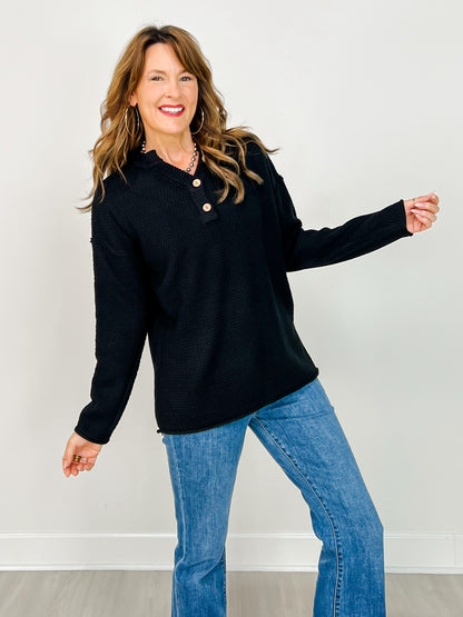 Four Buttons Henley Neckline Basic Sweater - GRP A