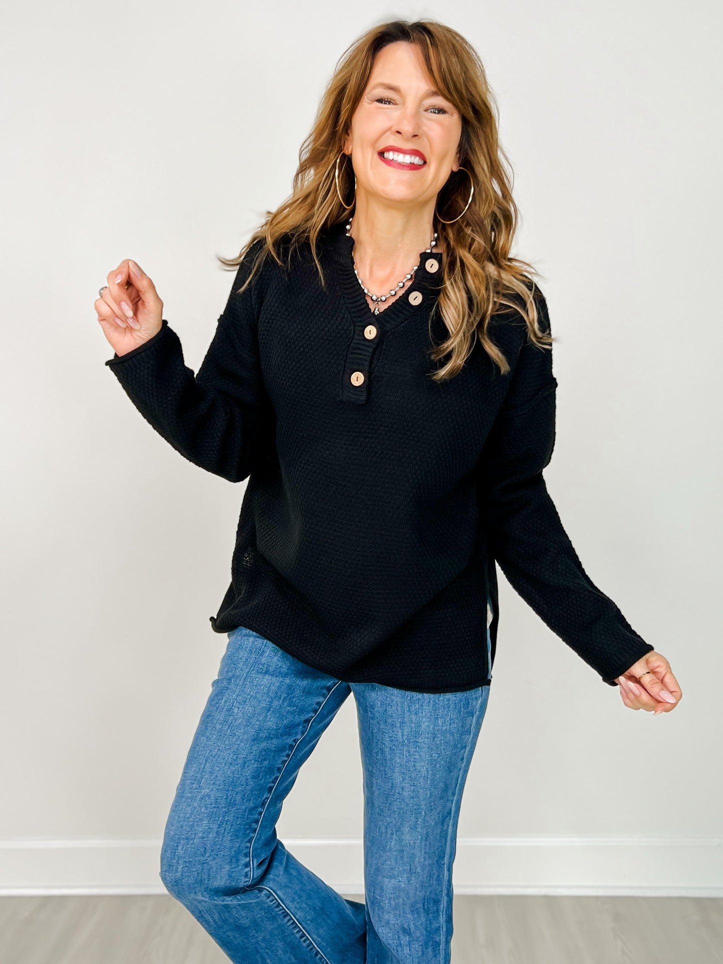 Four Buttons Henley Neckline Basic Sweater - GRP A