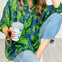 Button Down Printed Satin Bubble Sleeve Top