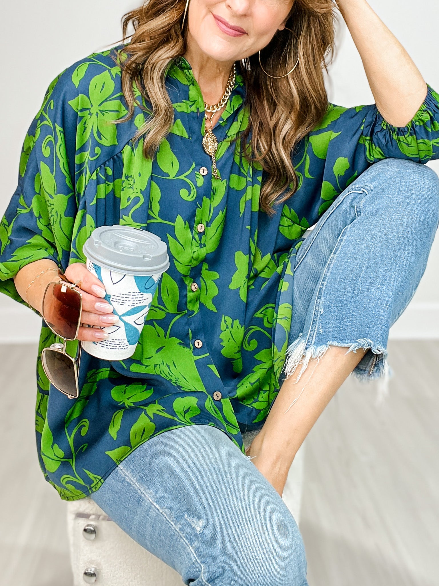 Button Down Printed Satin Bubble Sleeve Top