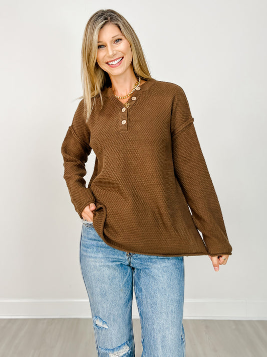 Four Buttons Henley Neckline Basic Sweater - GRP B