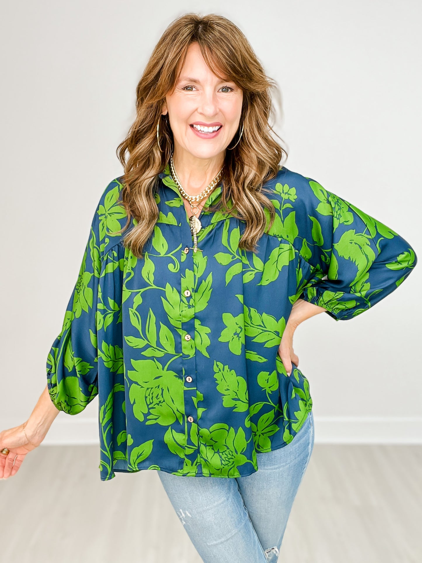 Button Down Printed Satin Bubble Sleeve Top