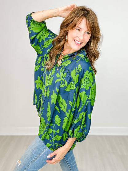 Button Down Printed Satin Bubble Sleeve Top