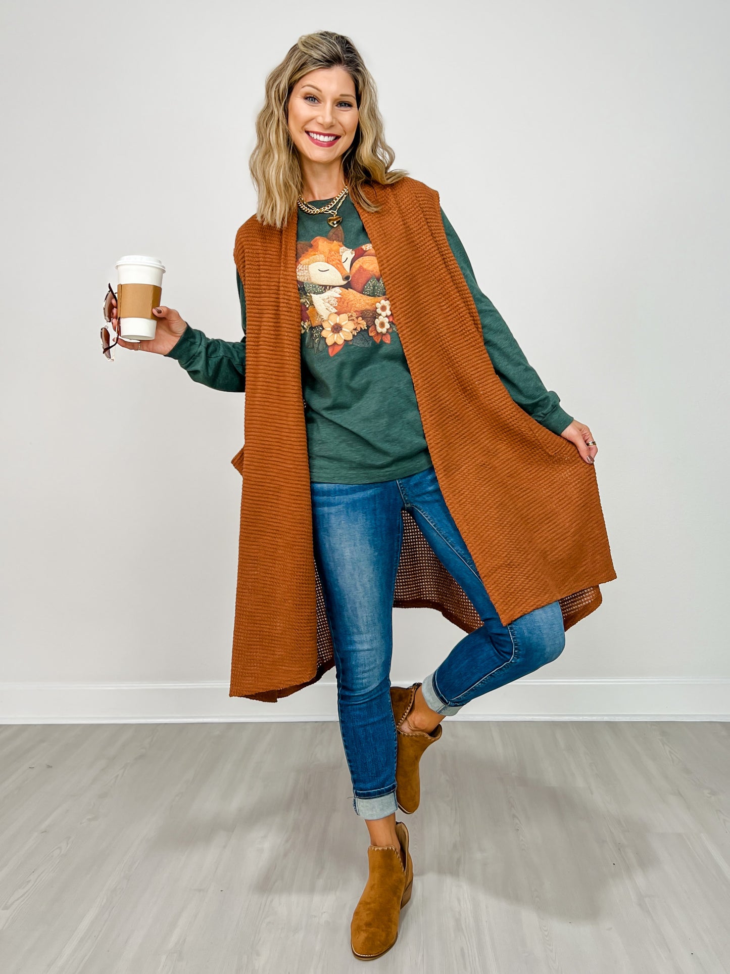 Open Front Crochet Midi Vest in CHESTNUT