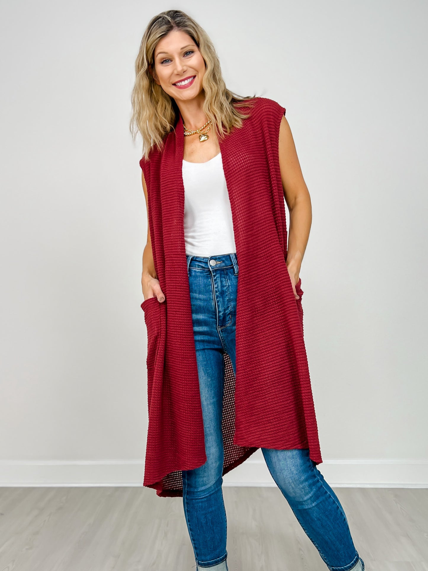 Open Front Crochet Midi Vest in WINE