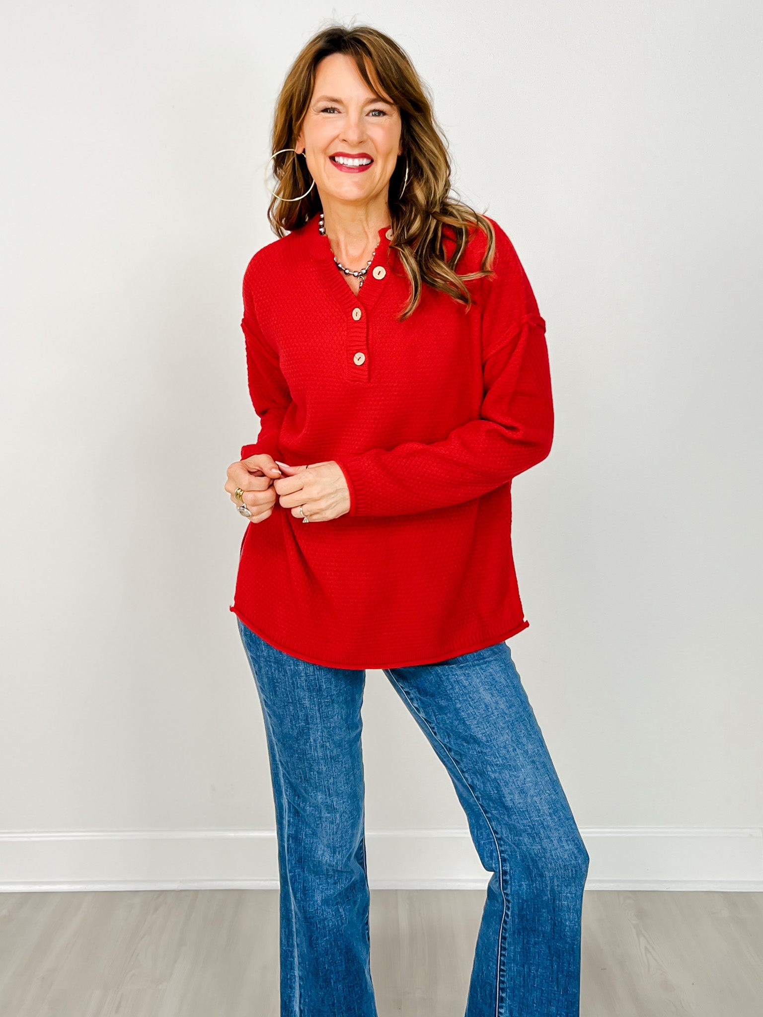 Four Buttons Henley Neckline Basic Sweater - GRP B