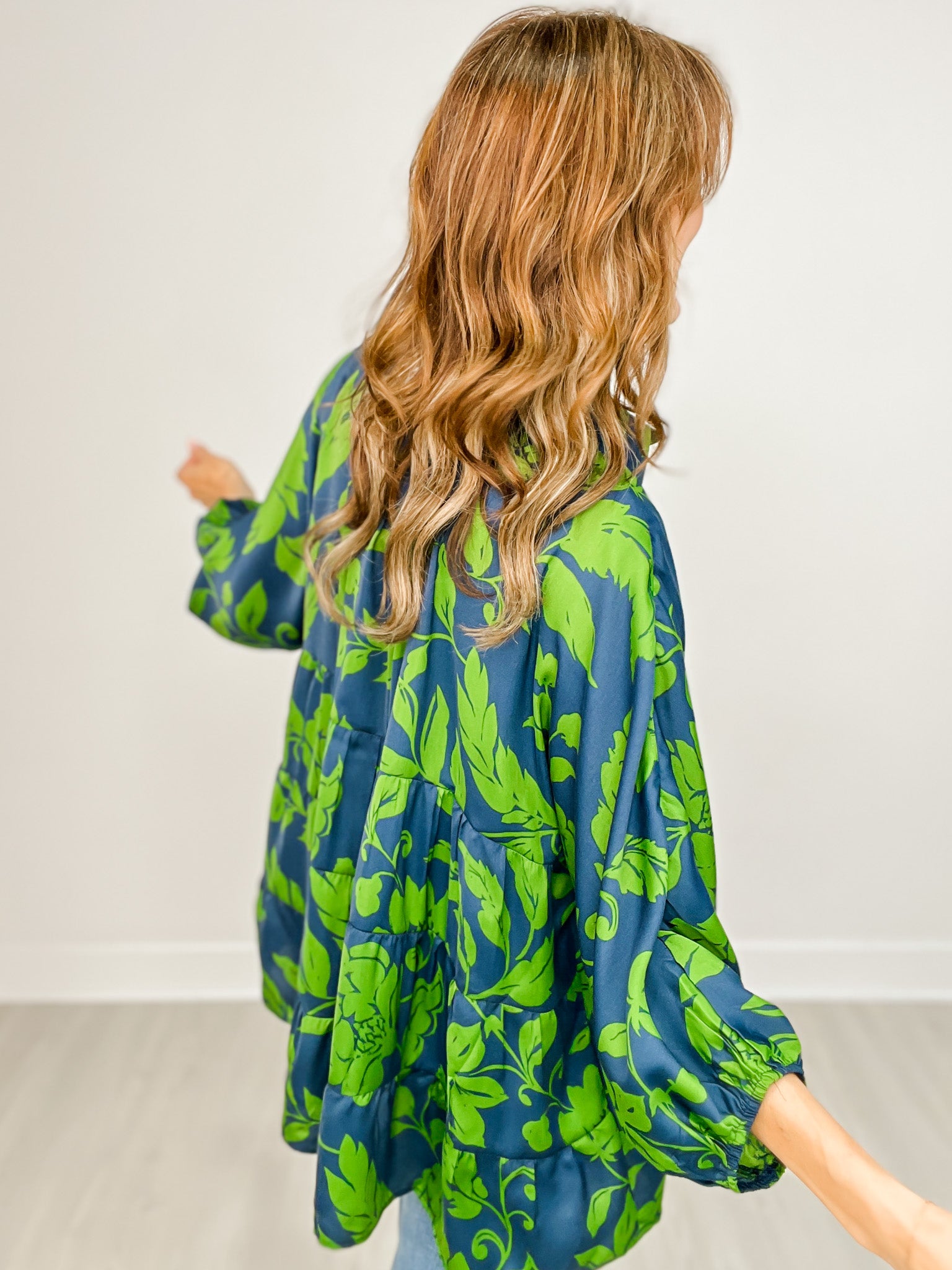 Button Down Printed Satin Bubble Sleeve Top