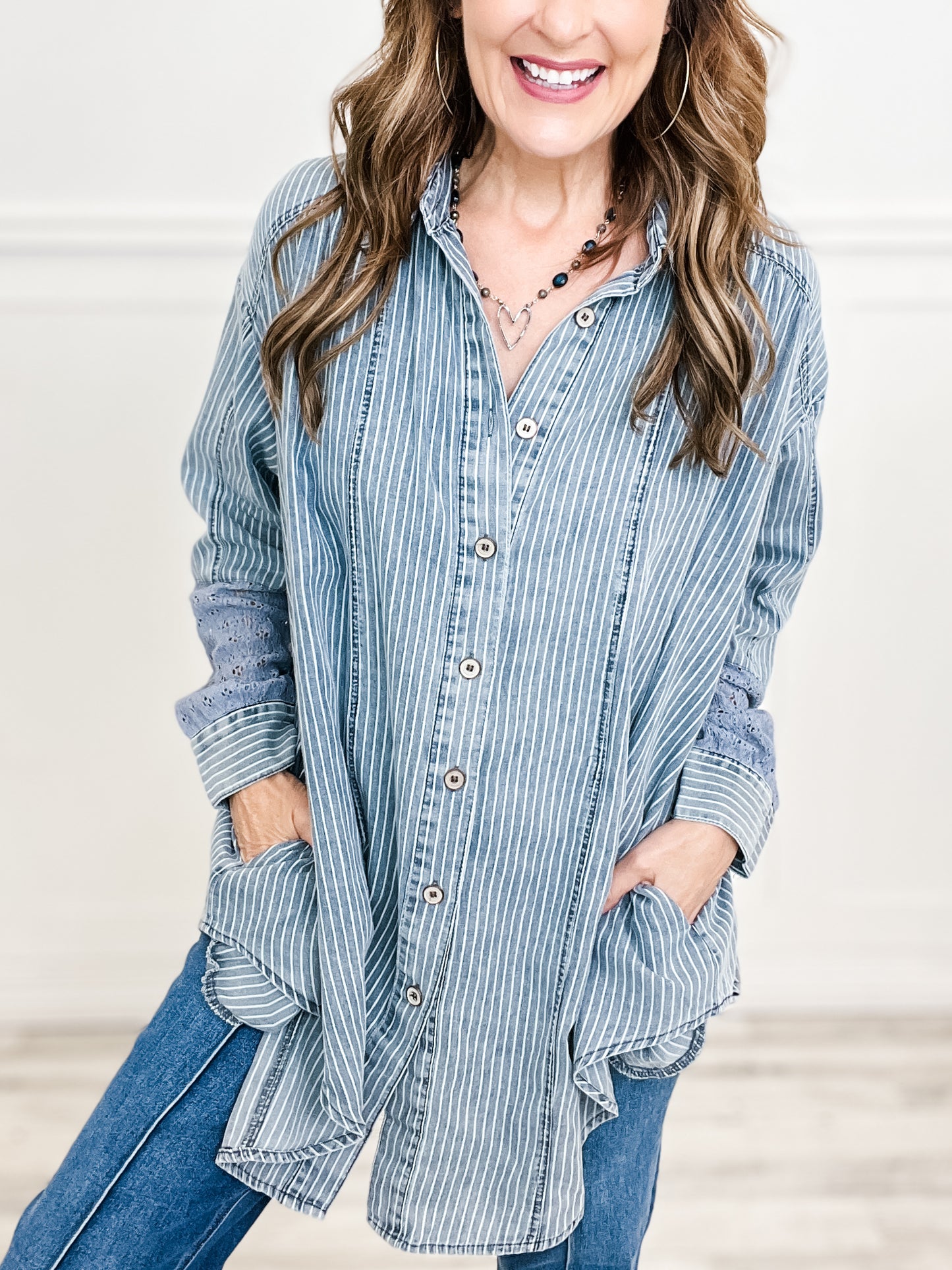 Denim Race Contrast Striped Button Down Top with Collar