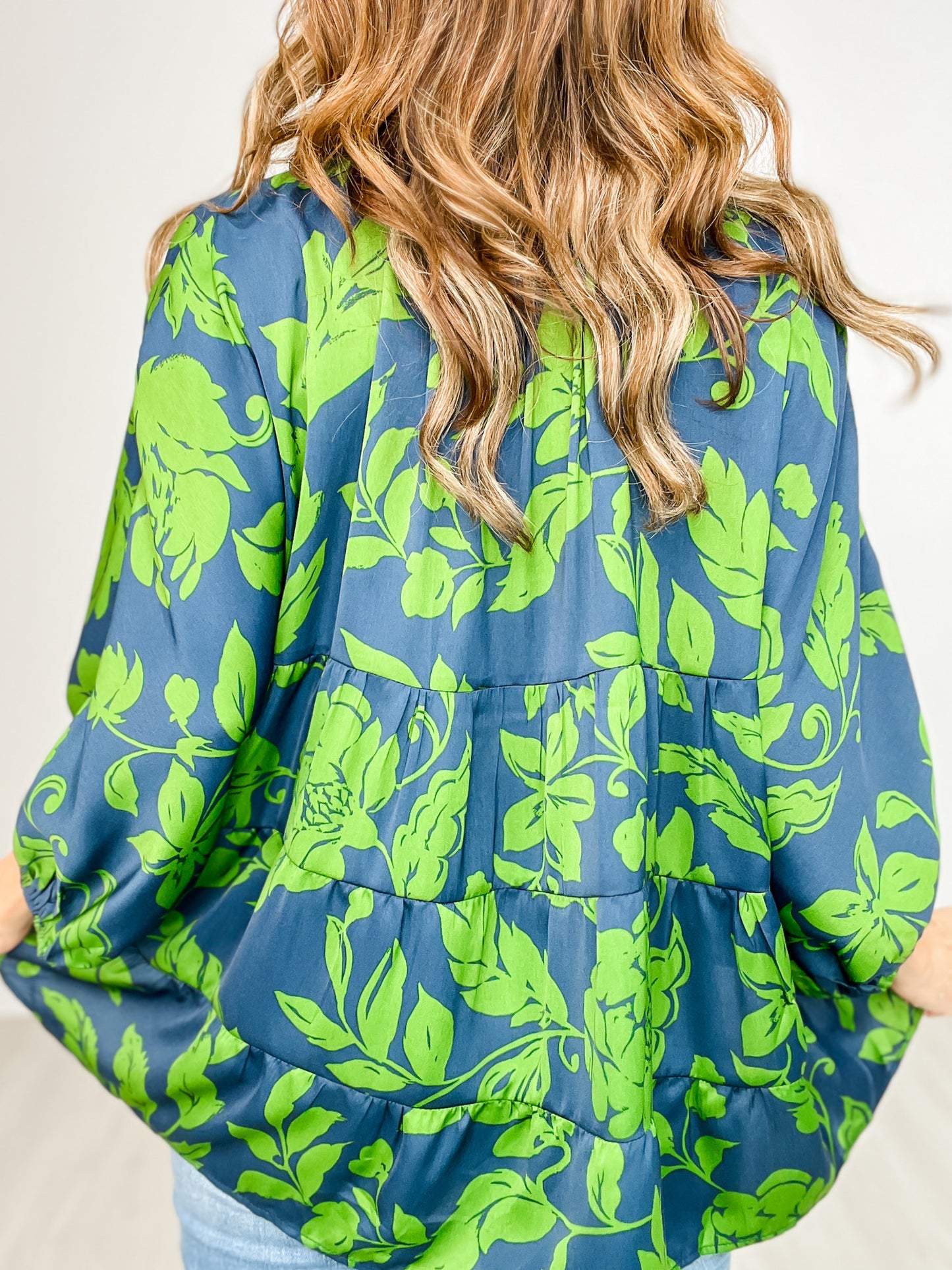Button Down Printed Satin Bubble Sleeve Top