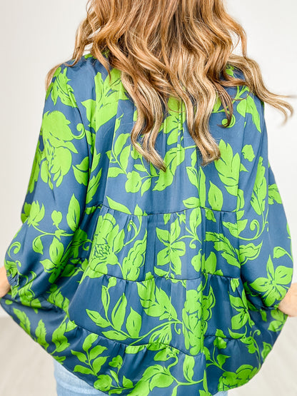 Button Down Printed Satin Bubble Sleeve Top