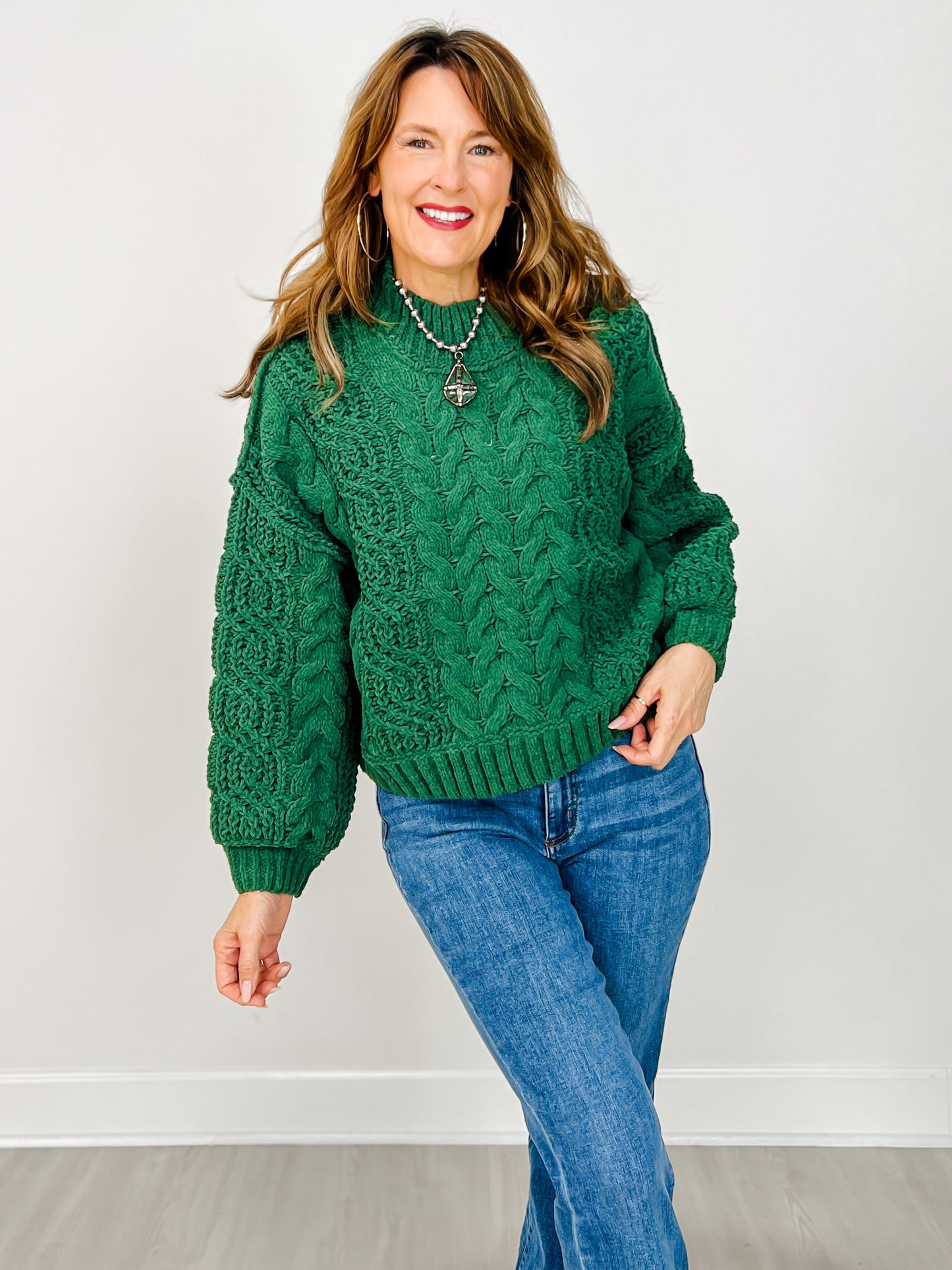 Mock Neck Cable Knit Balloon Sleeve Sweater - GRP A