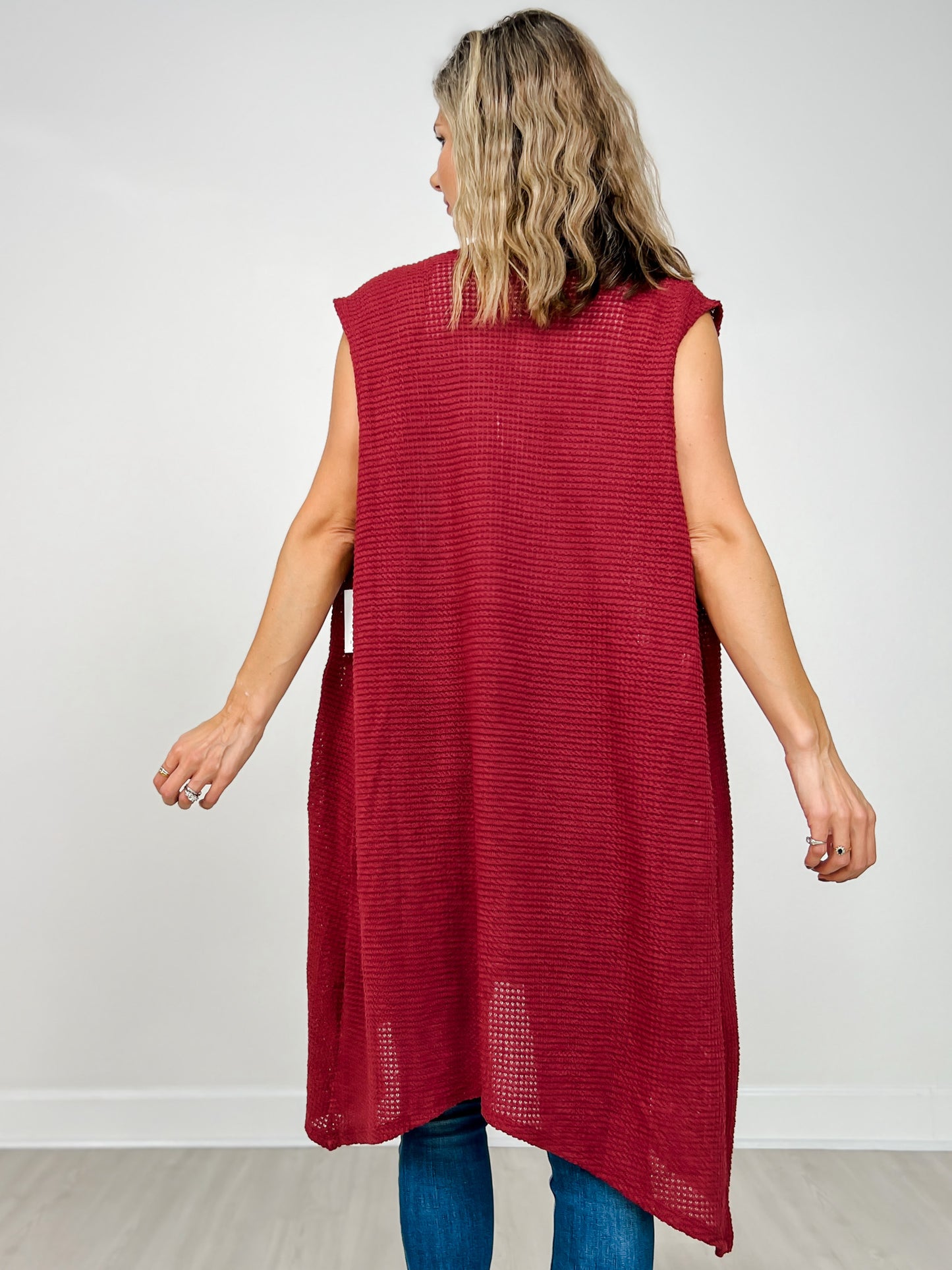 Open Front Crochet Midi Vest in WINE