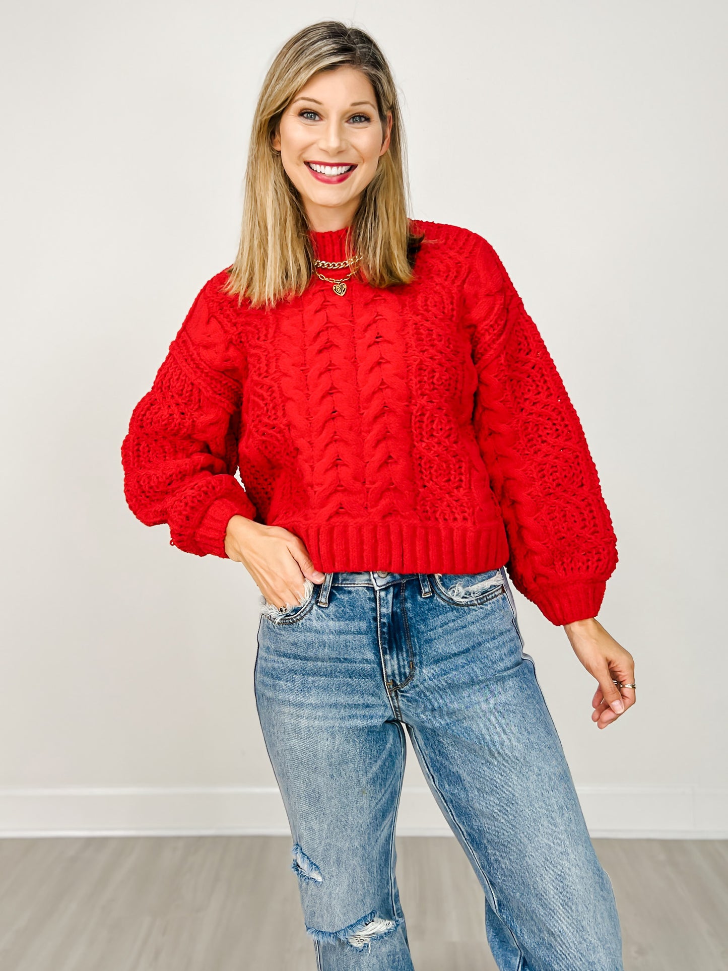 Mock Neck Cable Knit Balloon Sleeve Sweater - GRP A