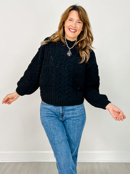 Mock Neck Cable Knit Balloon Sleeve Sweater - GRP A