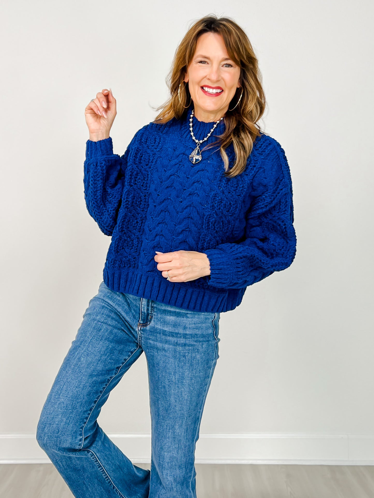 Mock Neck Cable Knit Balloon Sleeve Sweater - GRP B