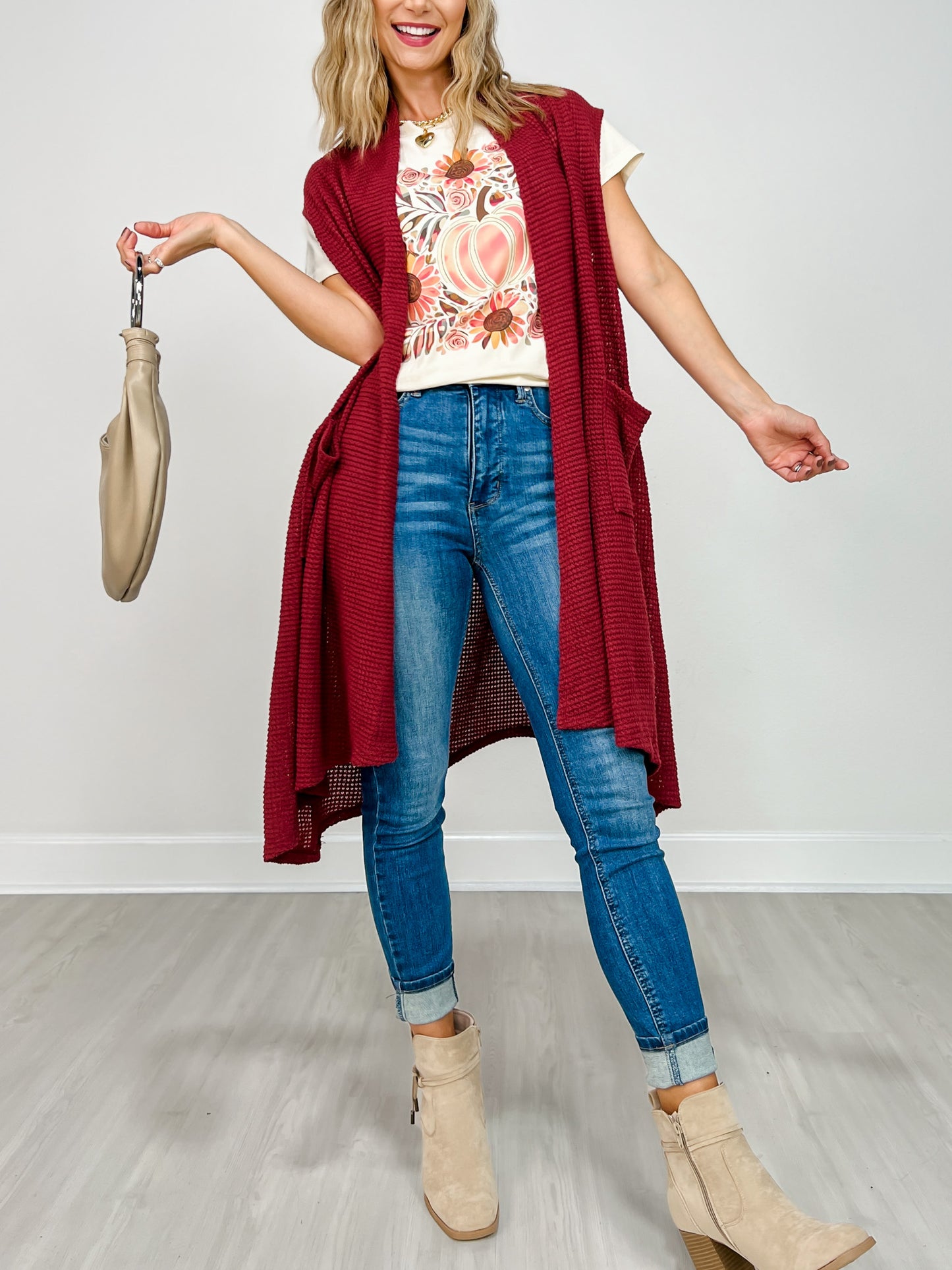 Open Front Crochet Midi Vest in WINE