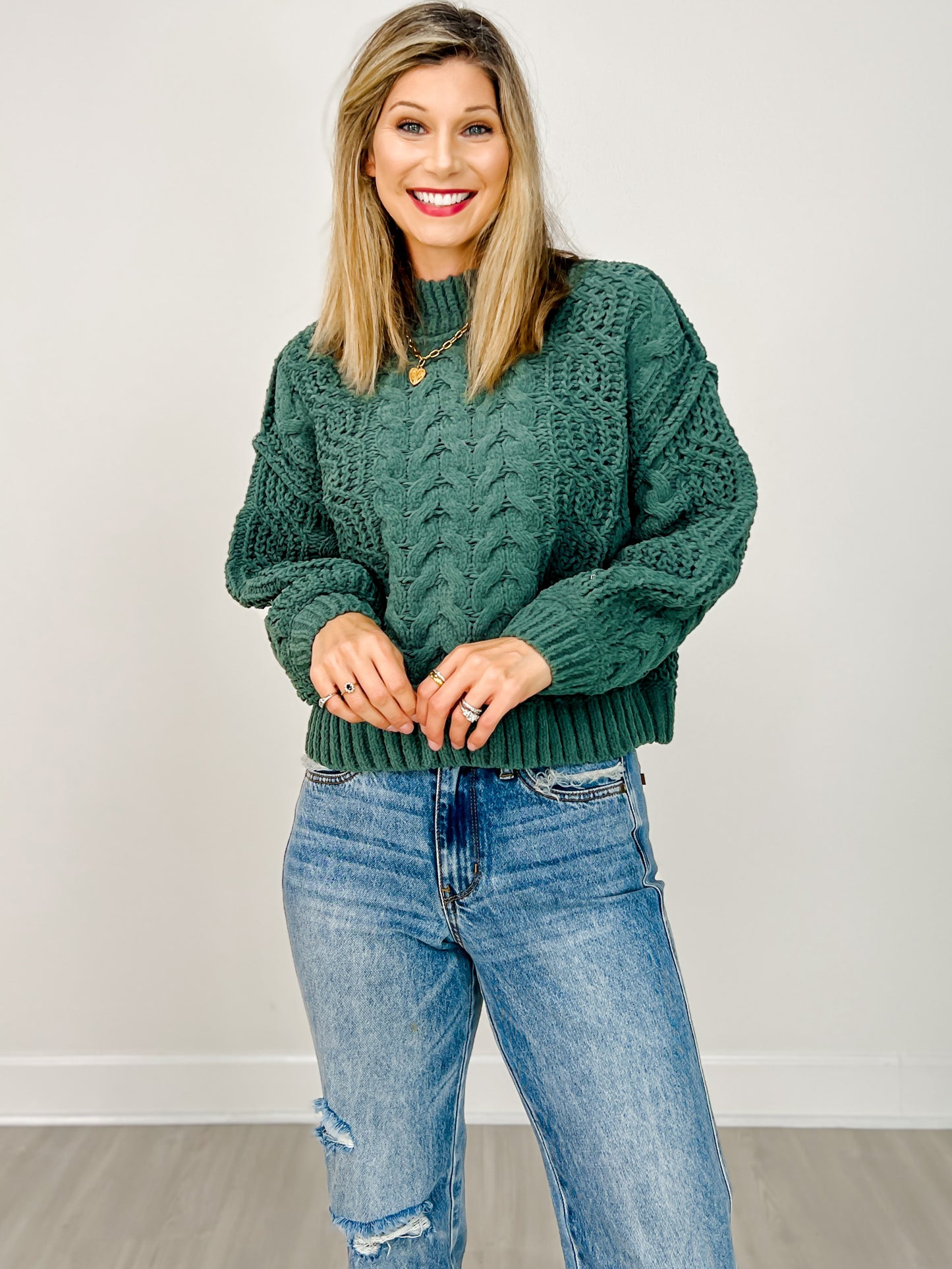 Mock Neck Cable Knit Balloon Sleeve Sweater - GRP B