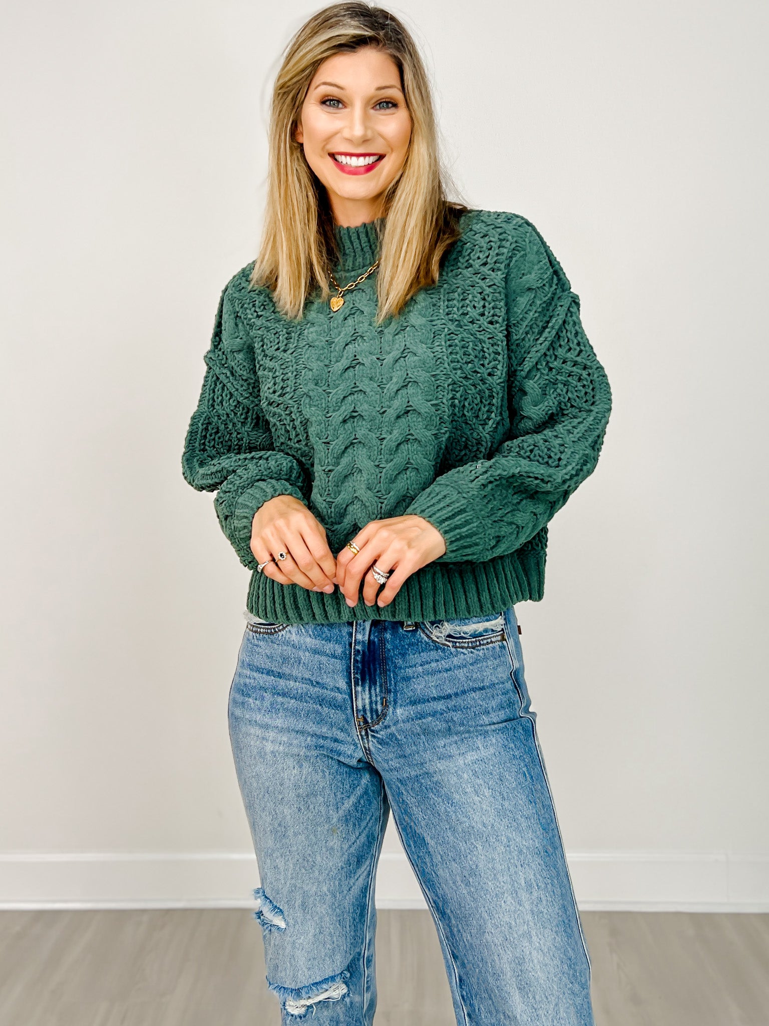 Mock Neck Cable Knit Balloon Sleeve Sweater - GRP B