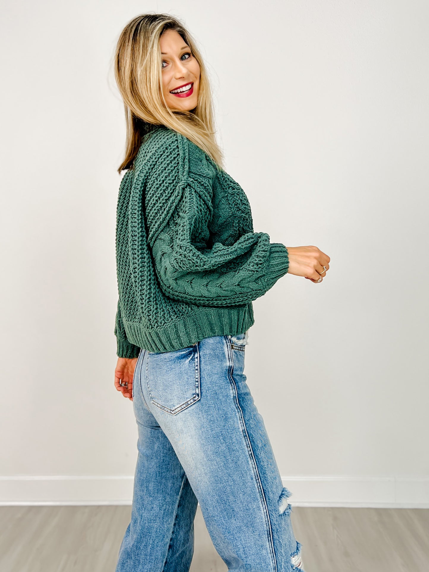 Mock Neck Cable Knit Balloon Sleeve Sweater - GRP B