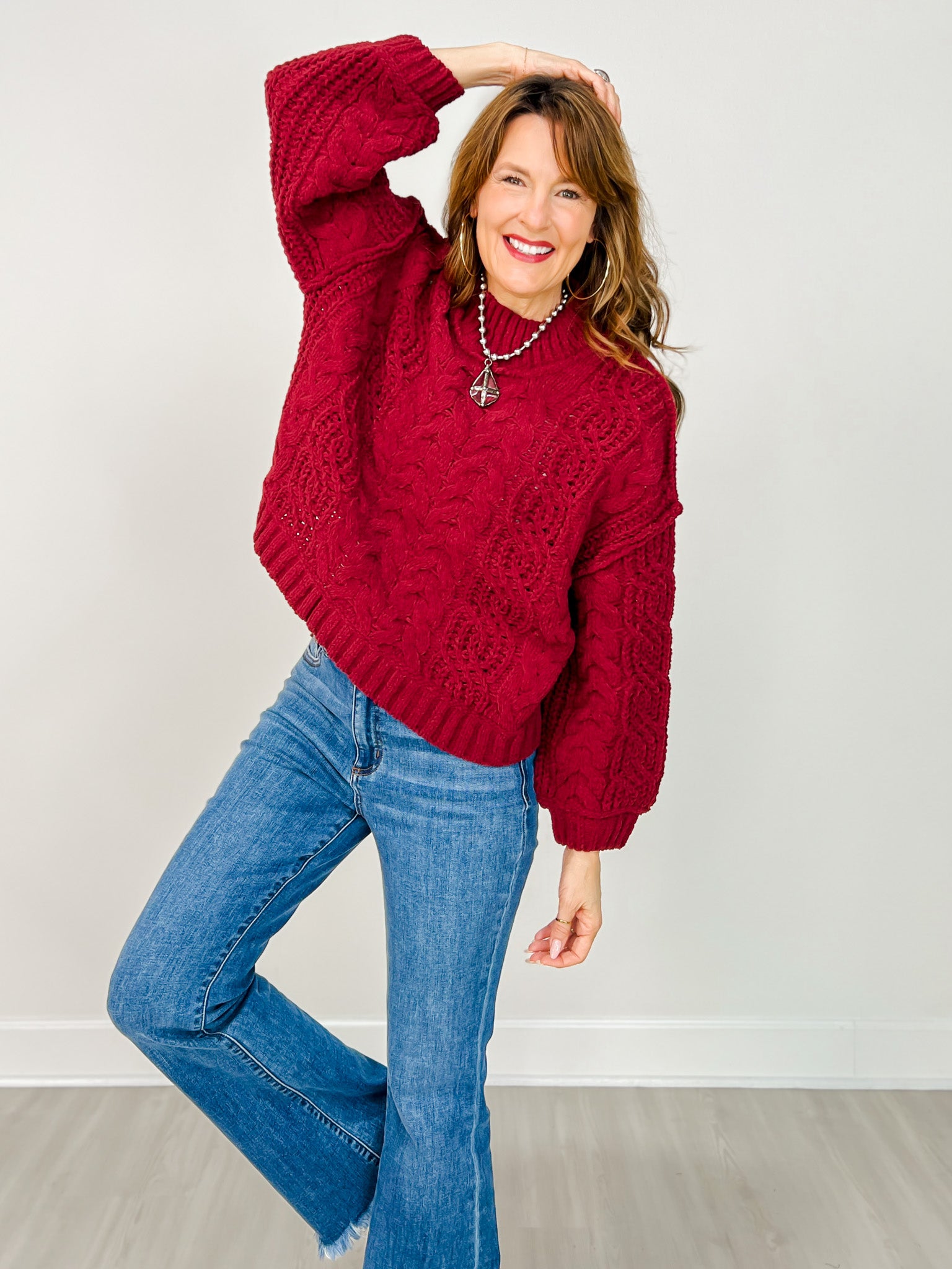 Mock Neck Cable Knit Balloon Sleeve Sweater - GRP B