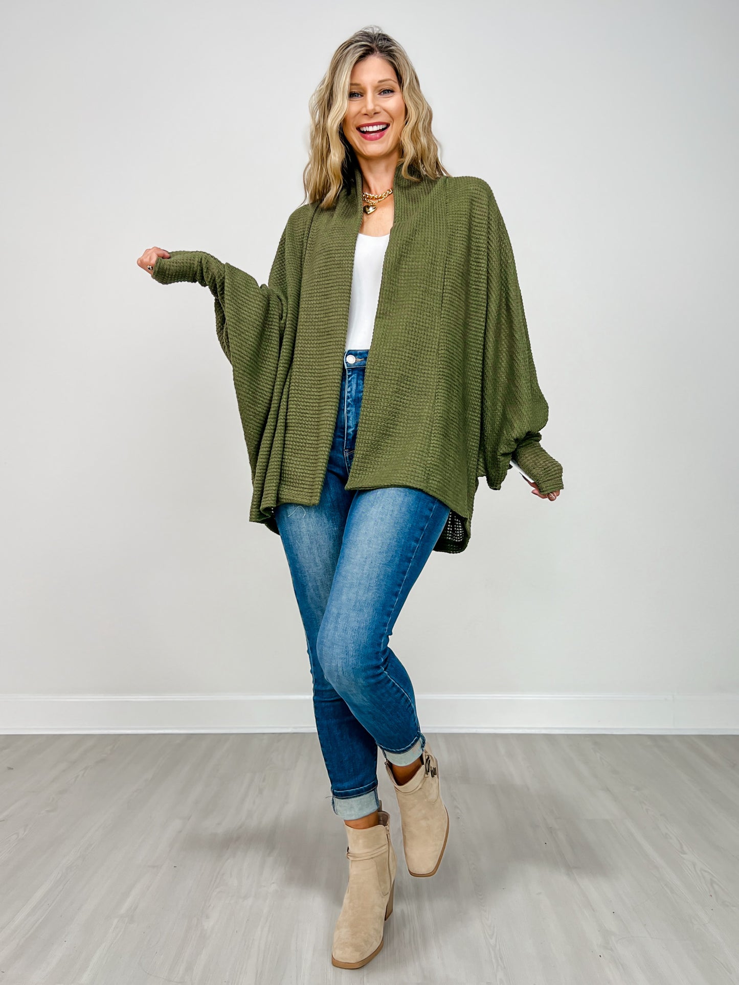 Dolman Sleeve Open Front Cardigan in DARK OLIVE