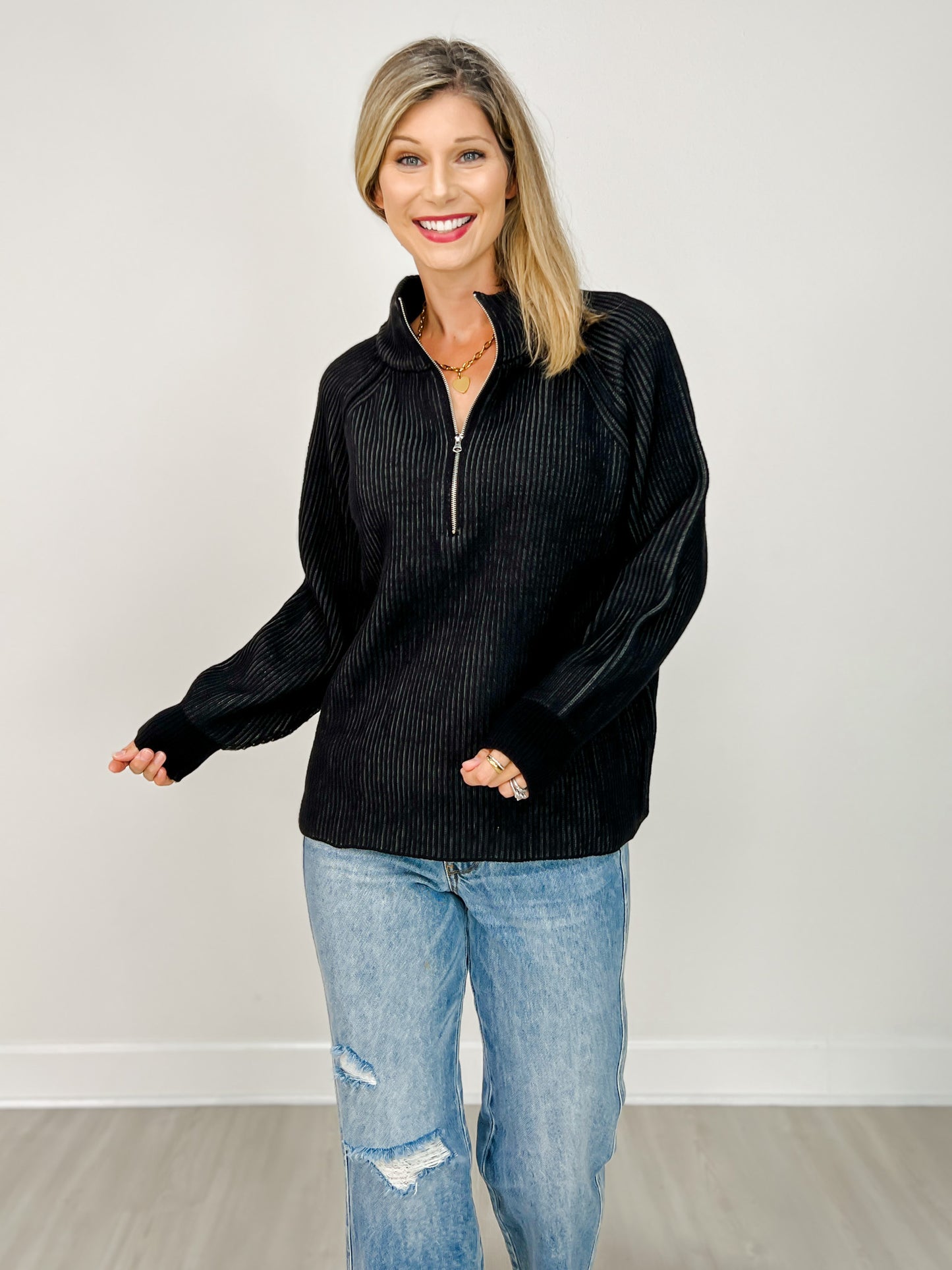 Raglan Sleeve Two Tone Half Zip Sweater