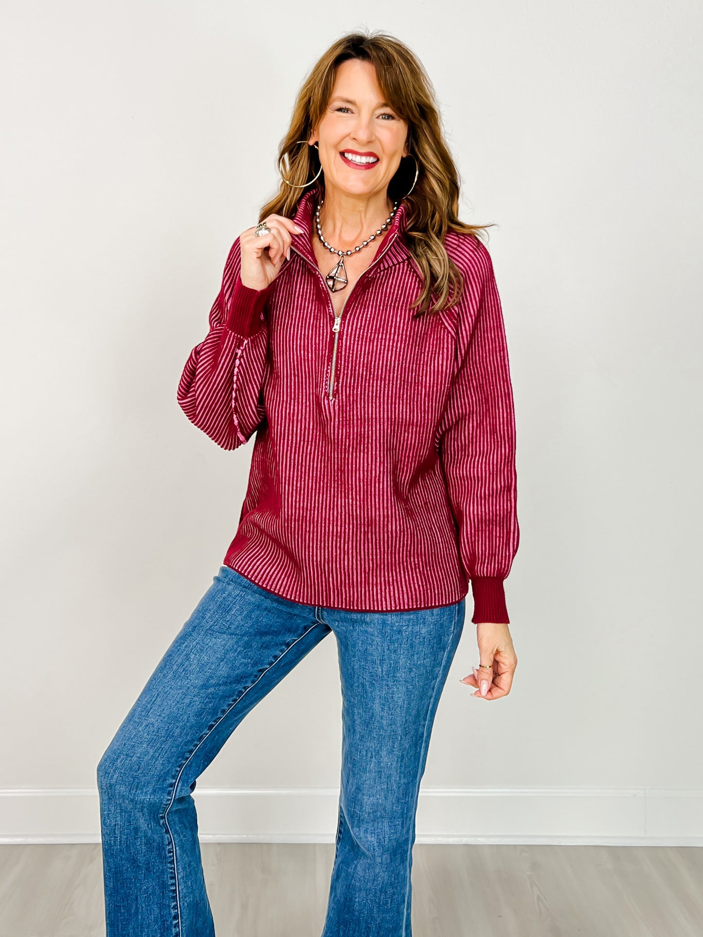 Raglan Sleeve Two Tone Half Zip Sweater