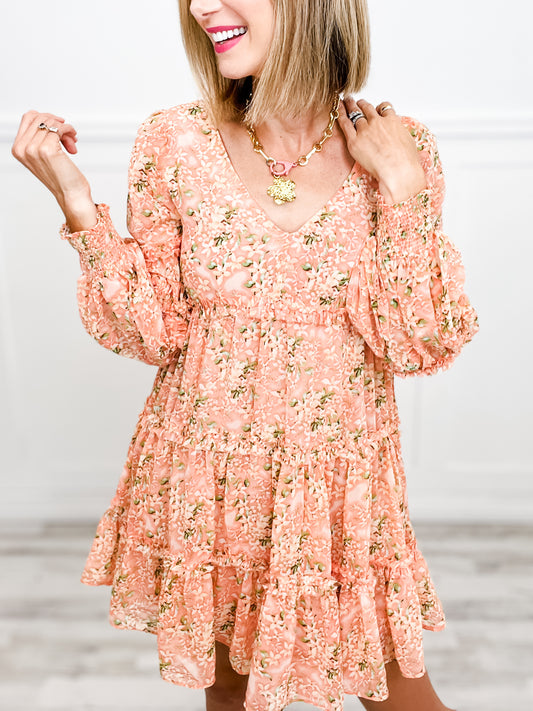 Gypsy Floral Print Chiffon Lined Ruffle Point Tiered Dress