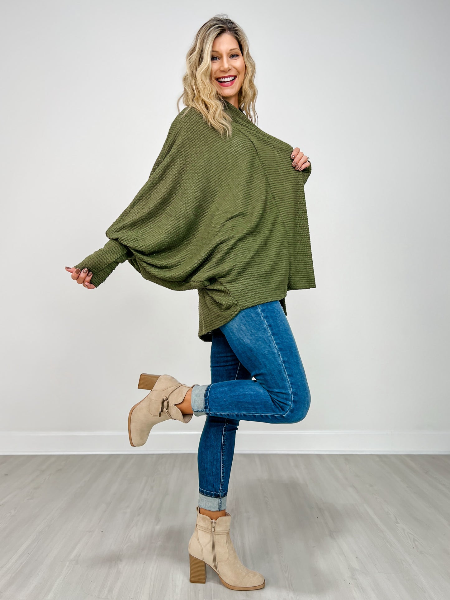 Dolman Sleeve Open Front Cardigan in DARK OLIVE