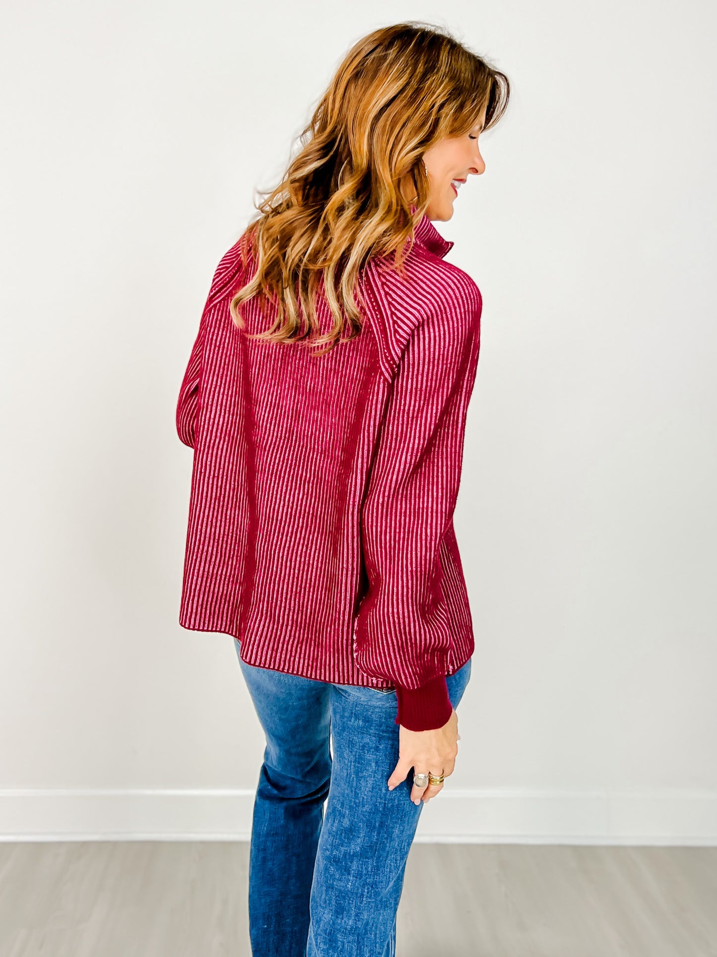 Raglan Sleeve Two Tone Half Zip Sweater