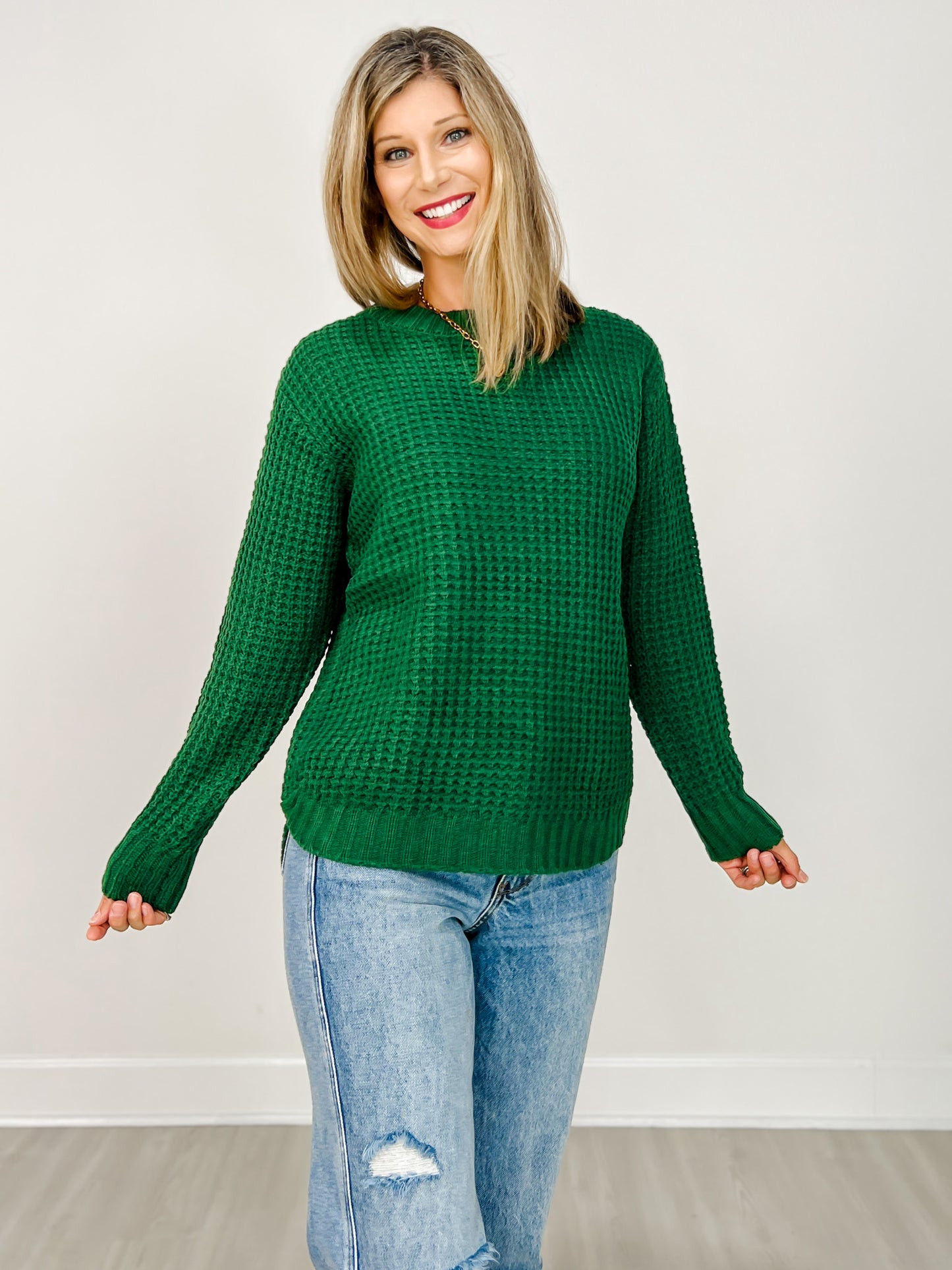 Hi-low Long Sleeve Round Neck Waffle Sweater