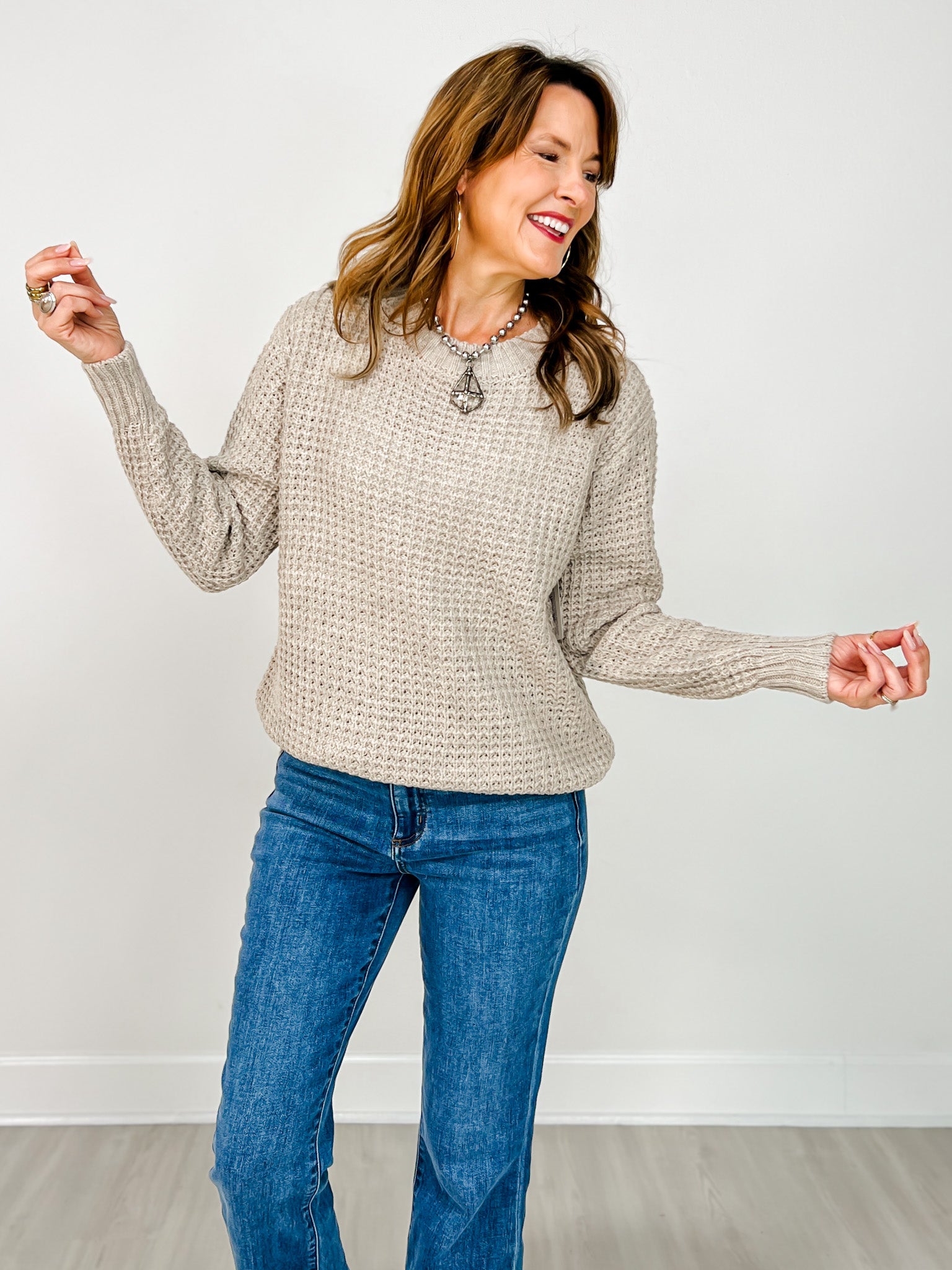 Hi-low Long Sleeve Round Neck Waffle Sweater
