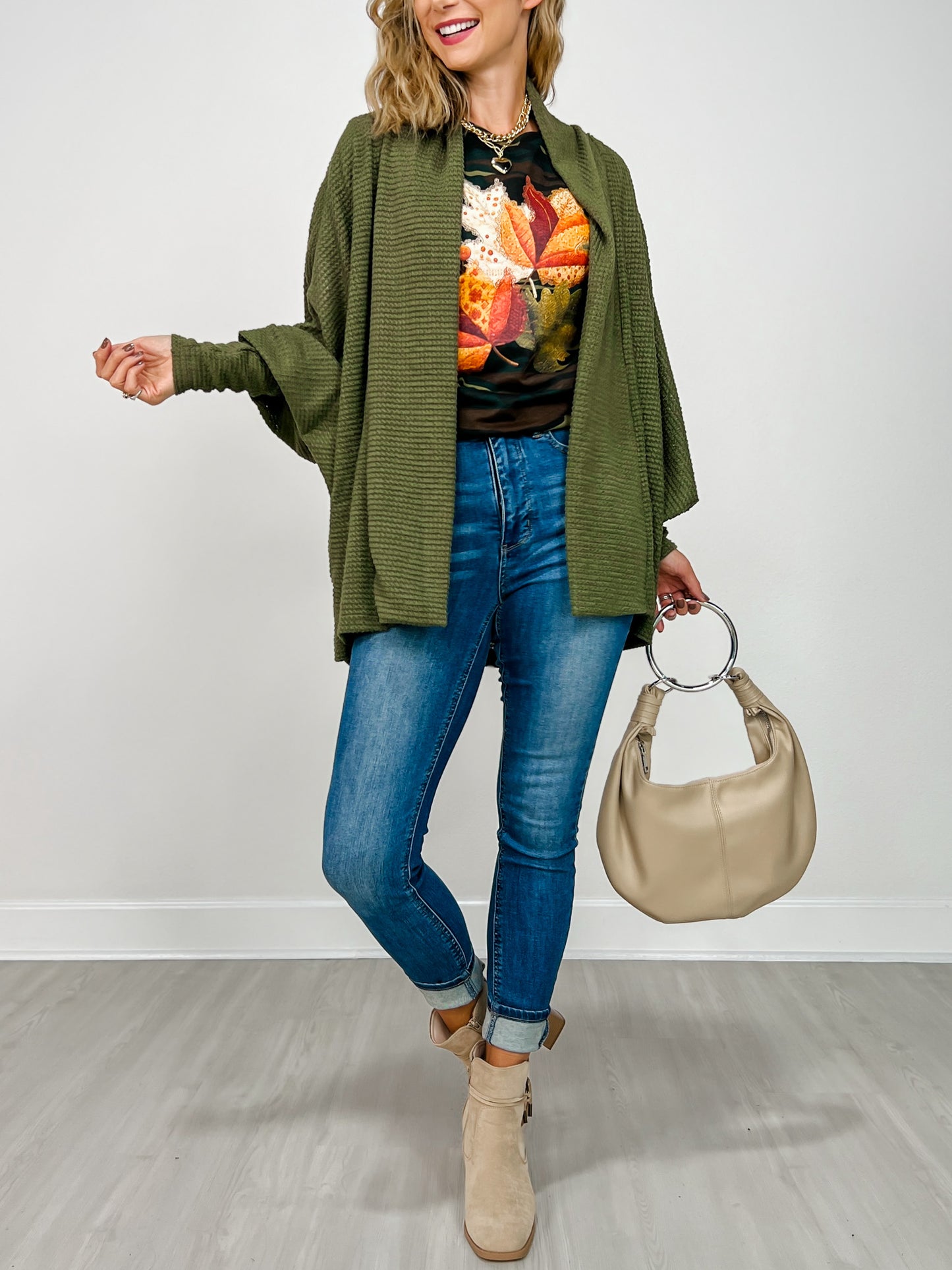 Dolman Sleeve Open Front Cardigan in DARK OLIVE