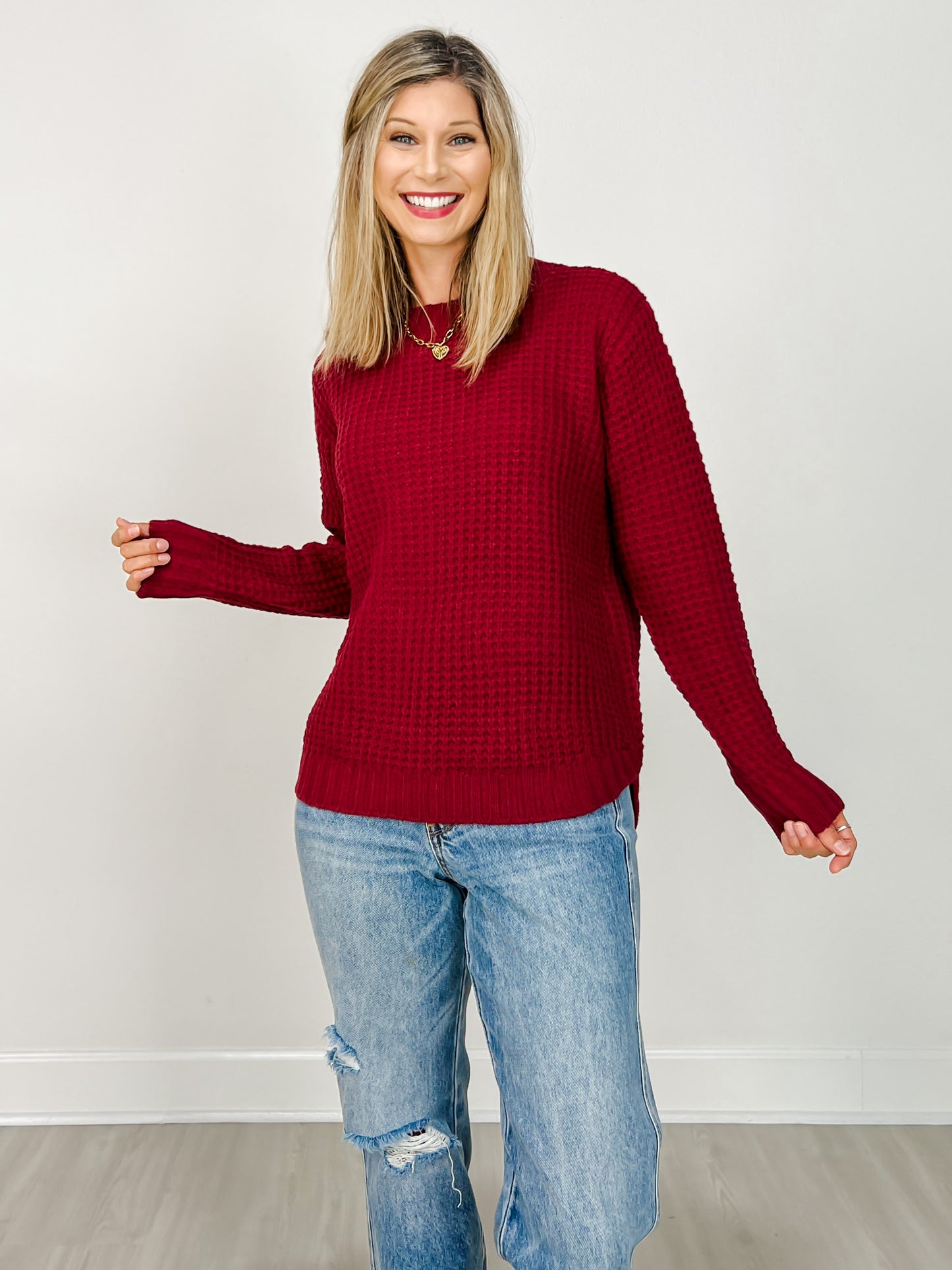 Hi-low Long Sleeve Round Neck Waffle Sweater