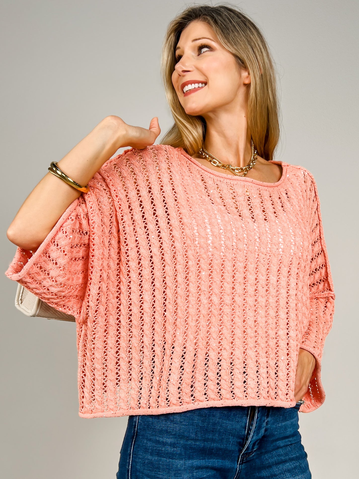Round Neck 3/4 Sleeve Sweater Top