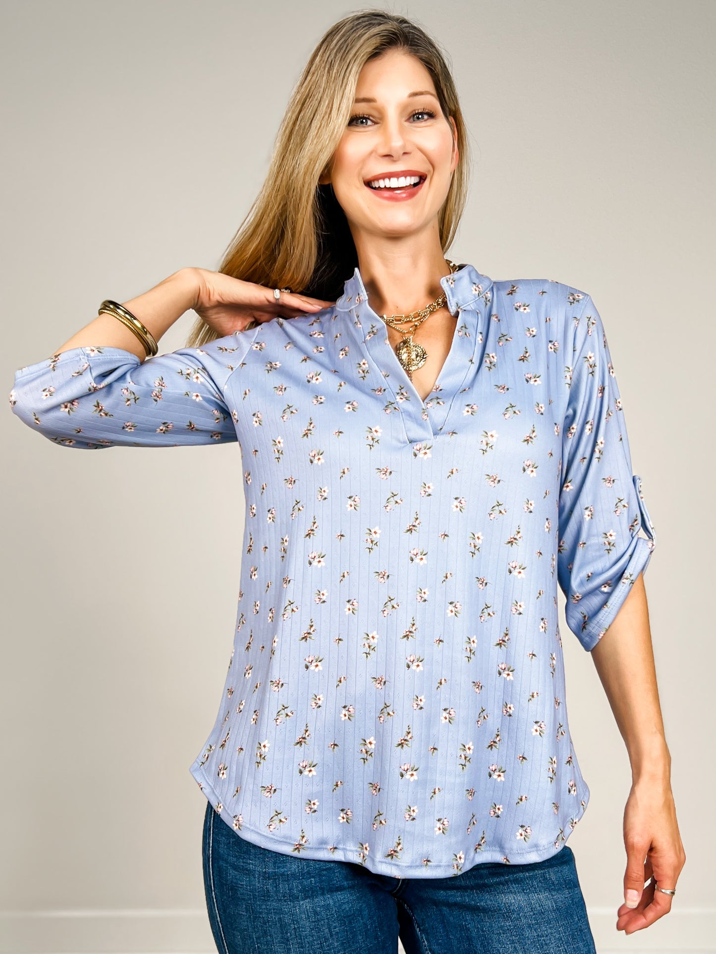 3/4 Roll Up Button Sleeve Top with Mandarin Collar