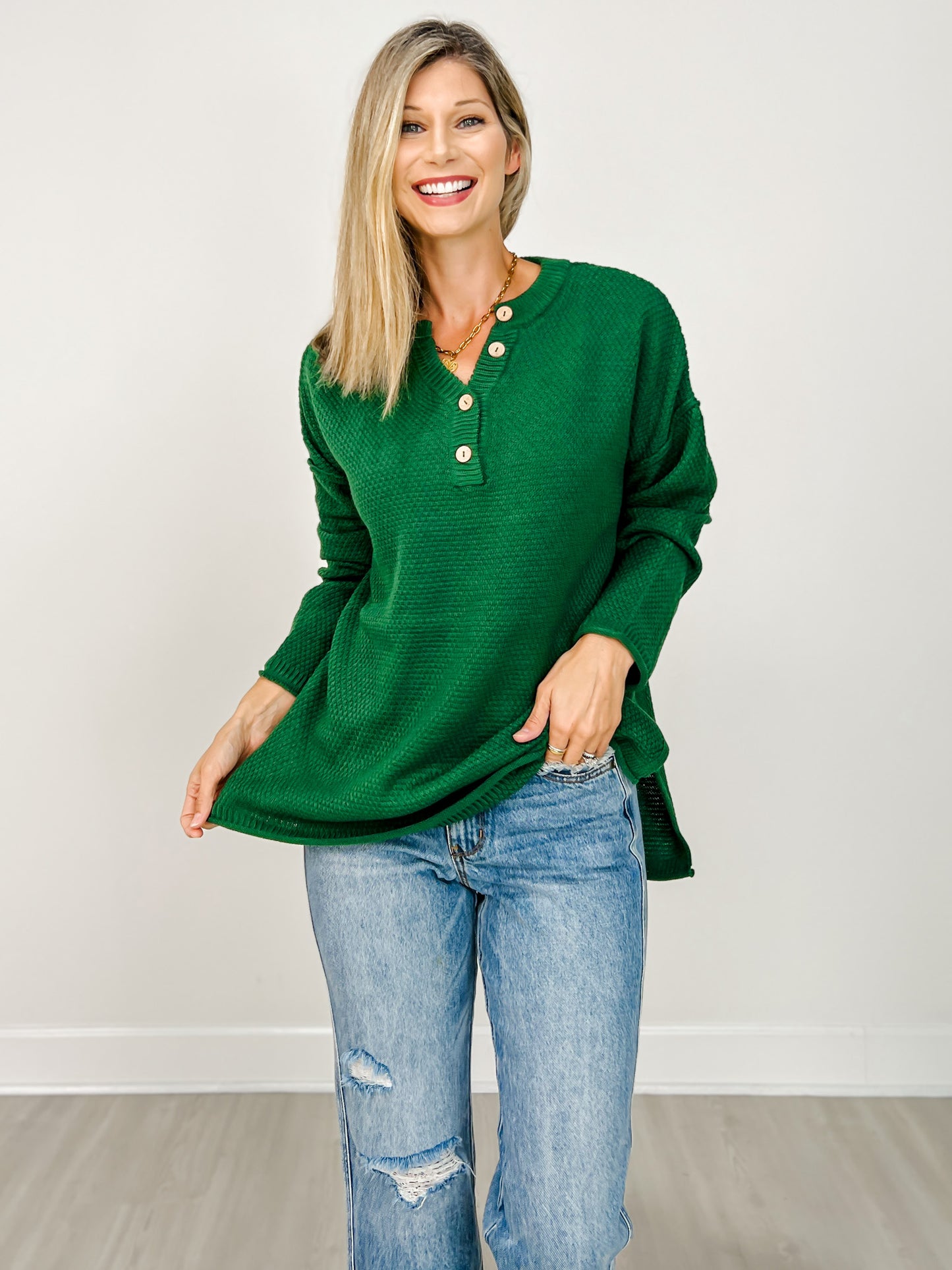 Four Buttons Henley Neckline Basic Sweater - GRP B