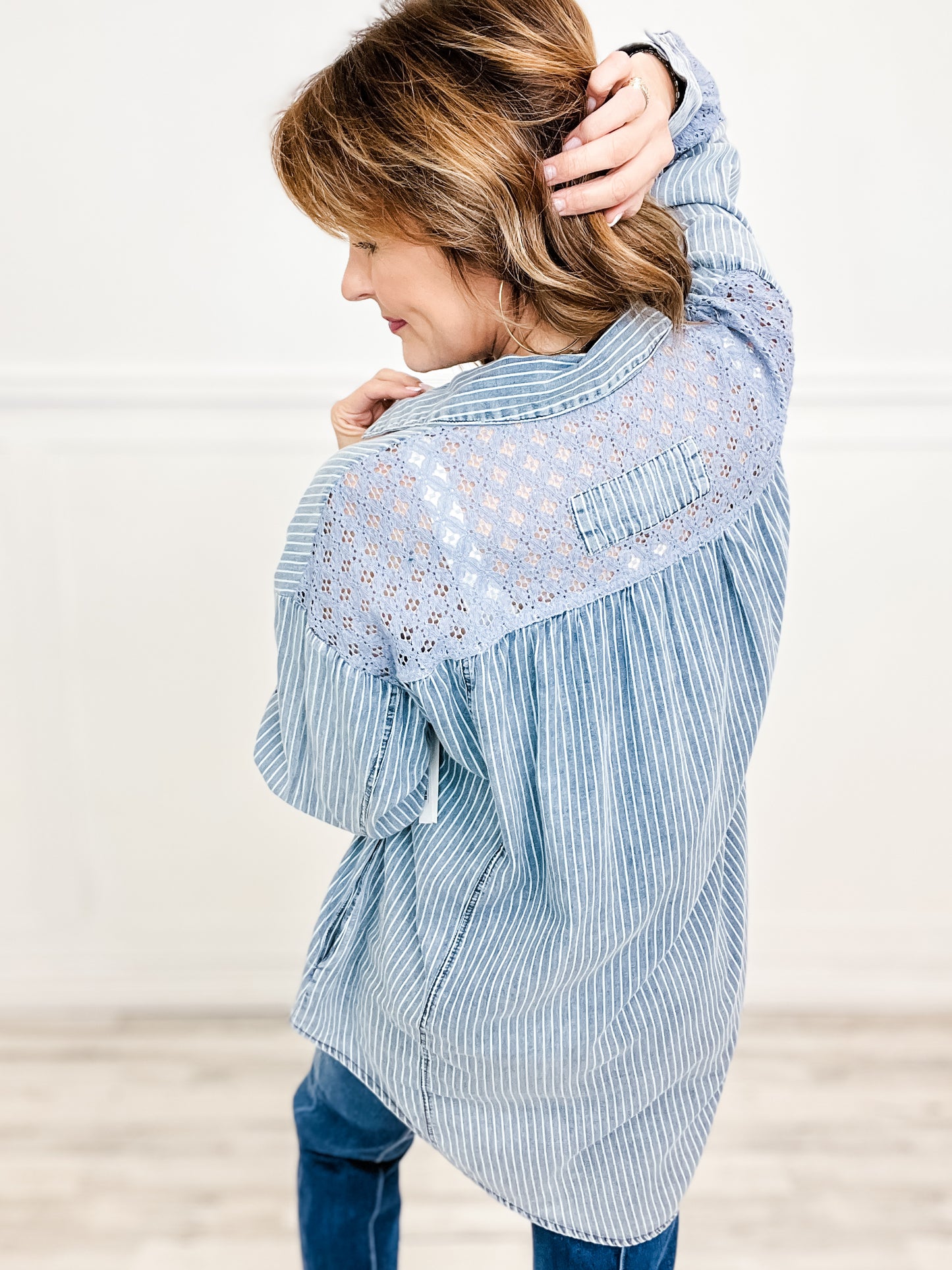 Denim Race Contrast Striped Button Down Top with Collar