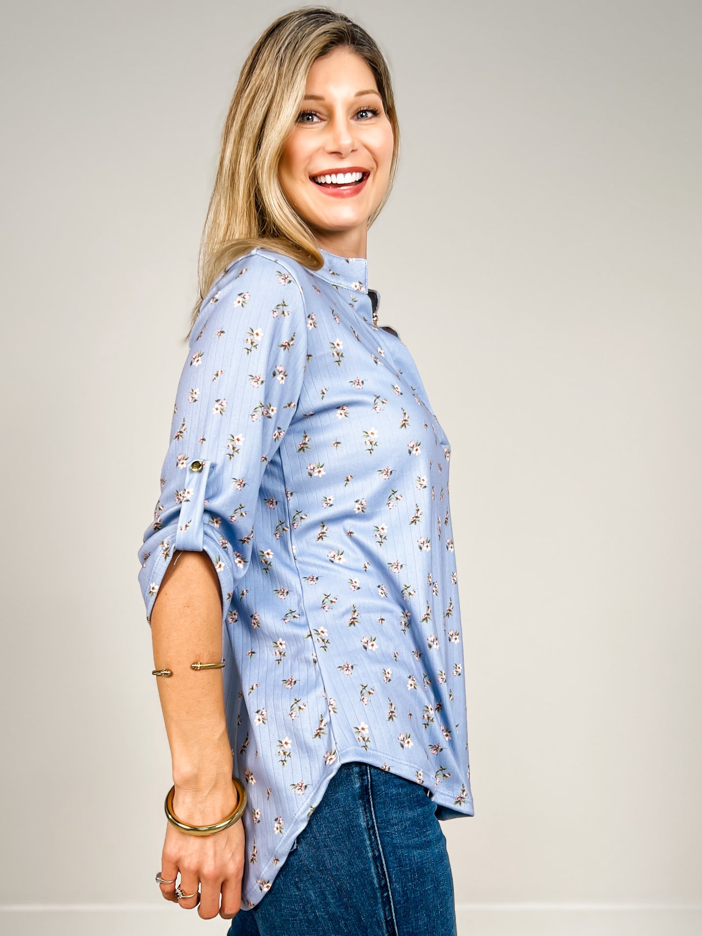 3/4 Roll Up Button Sleeve Top with Mandarin Collar