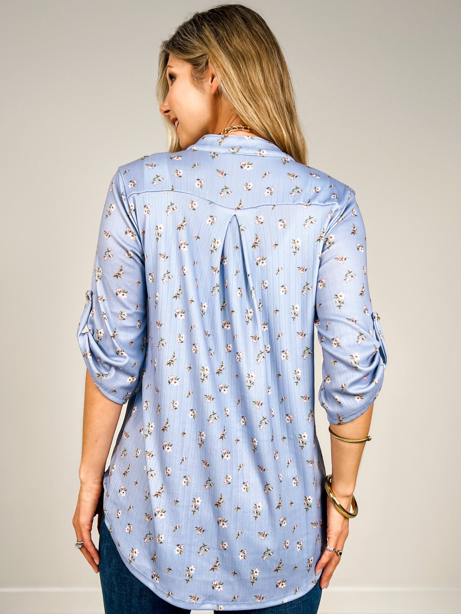 3/4 Roll Up Button Sleeve Top with Mandarin Collar