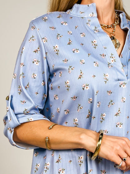 3/4 Roll Up Button Sleeve Top with Mandarin Collar