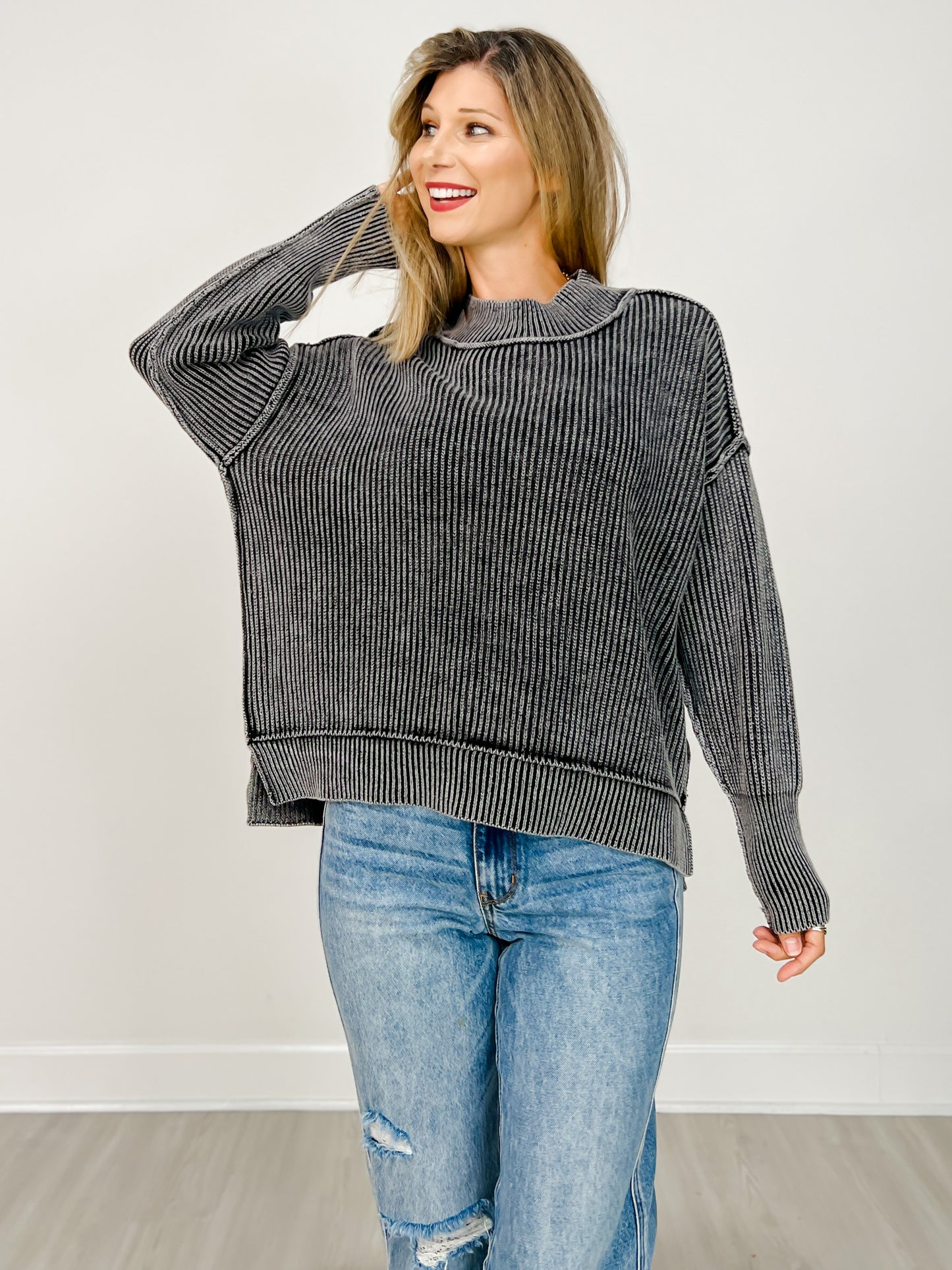 Washed Side Slit Oversized Sweater