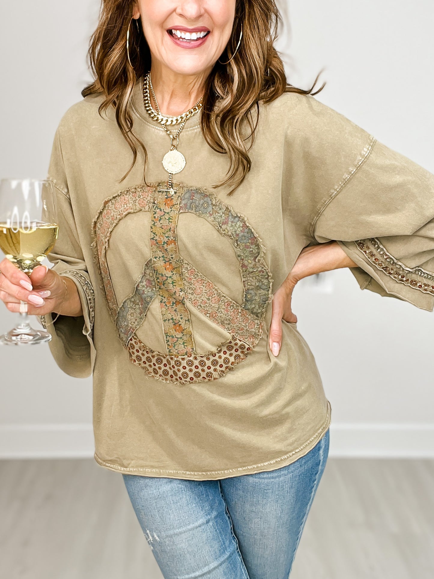 Peace Patch Front Cotton Jersey 3/4 Sleeve Top