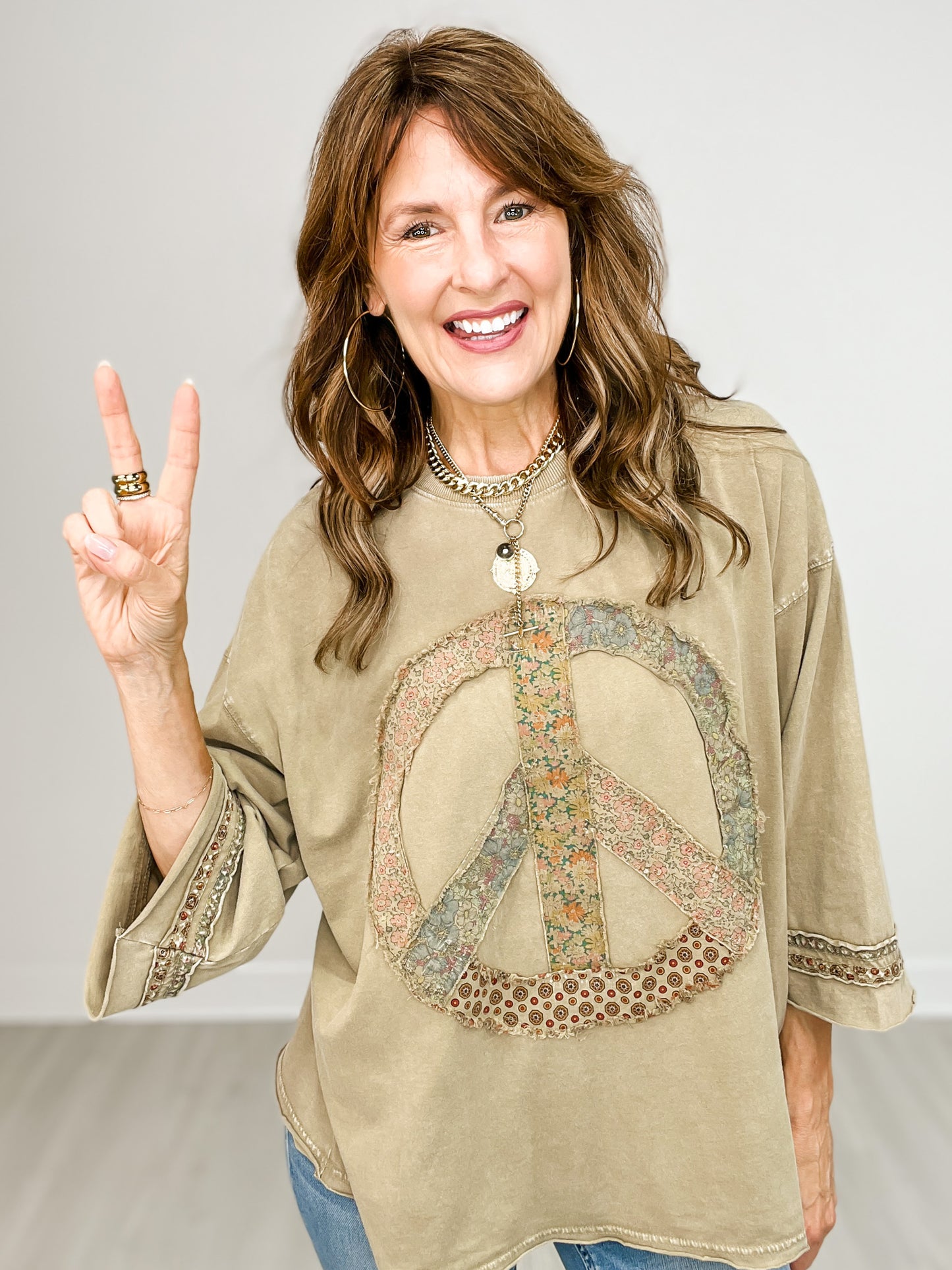 Peace Patch Front Cotton Jersey 3/4 Sleeve Top