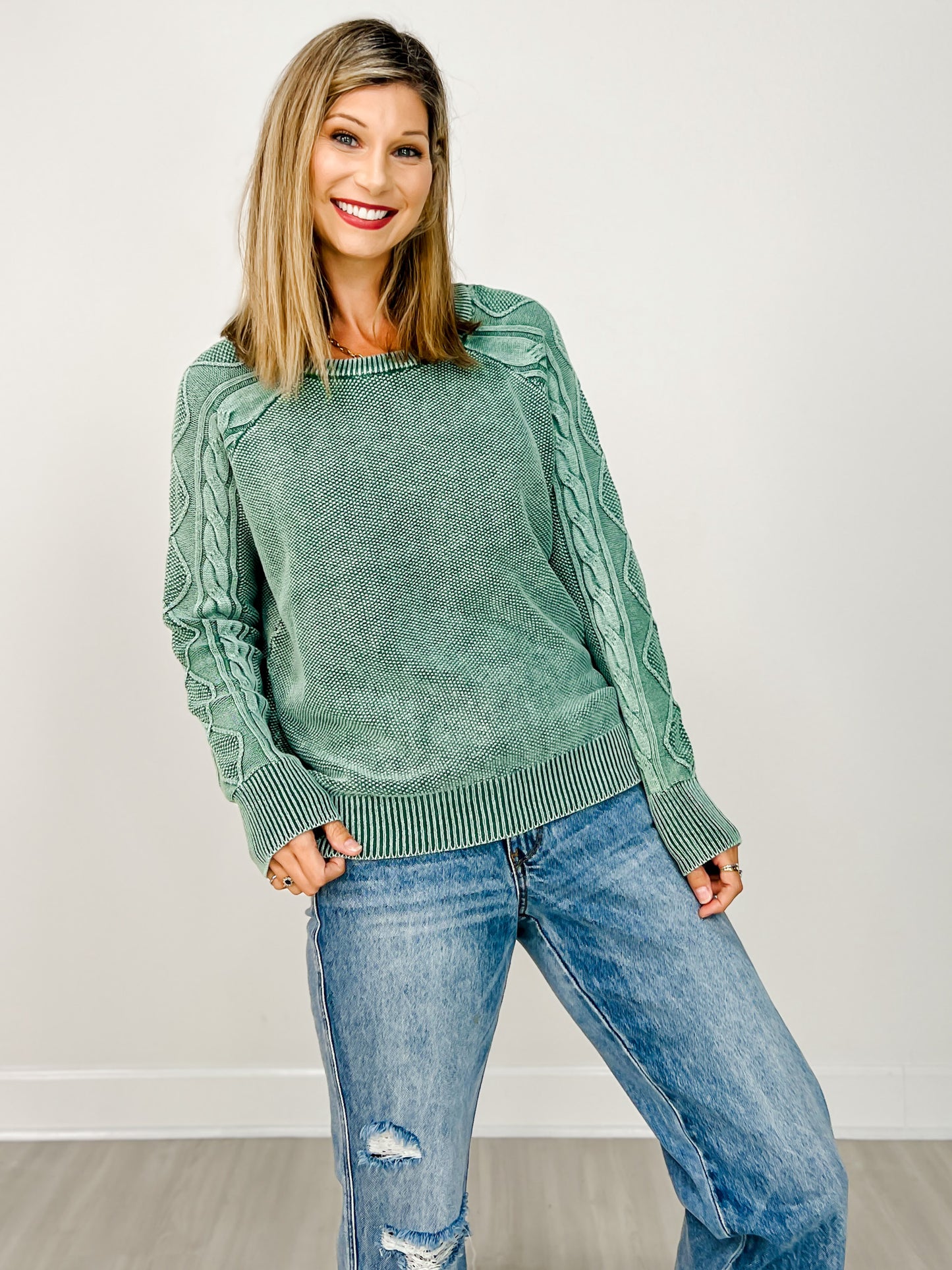 Stone Washed Cable-sleeve Crewneck Sweater
