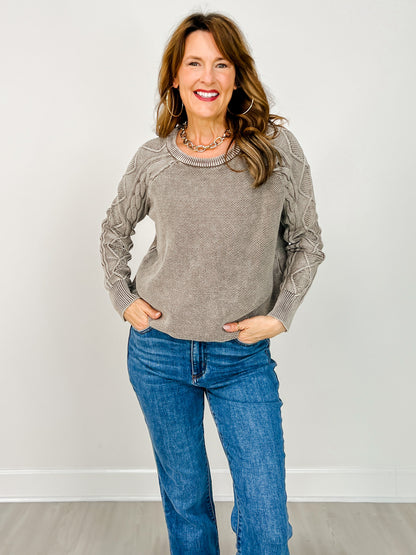 Stone Washed Cable-sleeve Crewneck Sweater