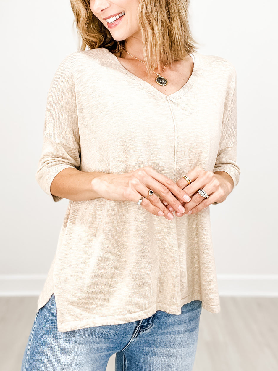 Drop Shoulder Cotton Slub V-Neck Top